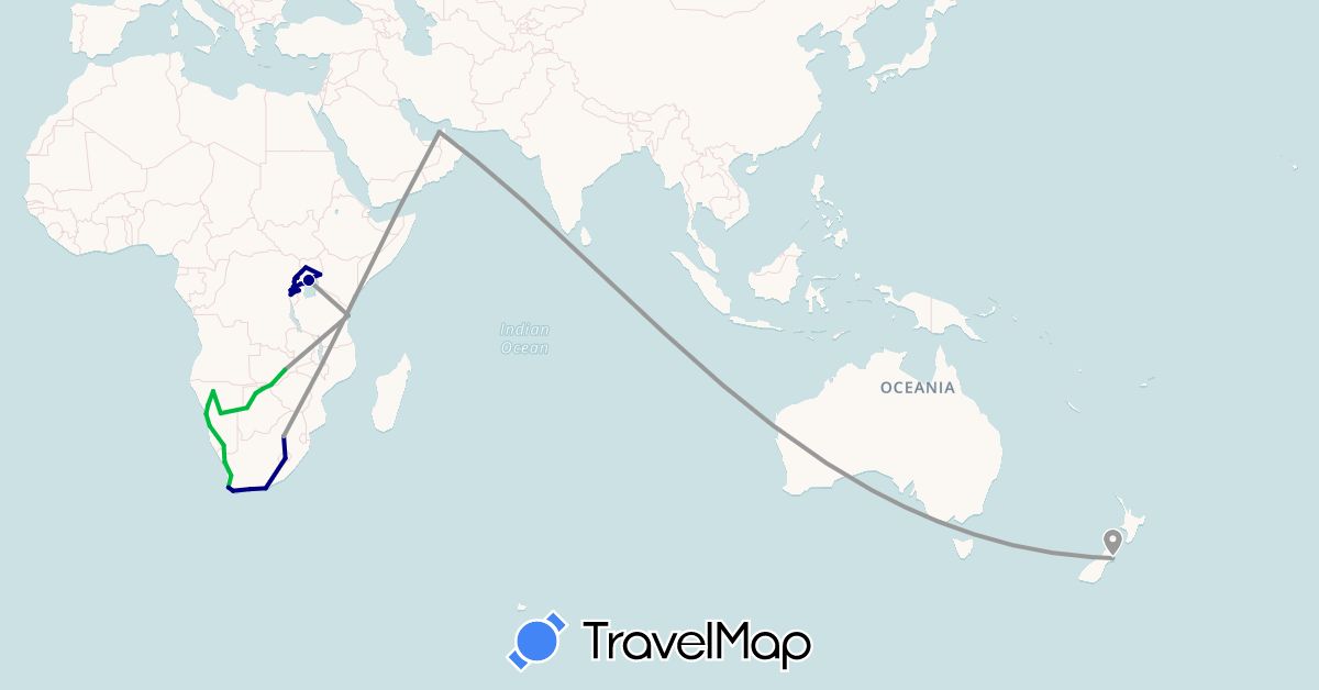 TravelMap itinerary: driving, bus, plane in United Arab Emirates, Botswana, Lesotho, Namibia, New Zealand, Rwanda, Tanzania, Uganda, South Africa, Zambia (Africa, Asia, Oceania)